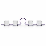 Four glass chronology blocks sit on a violet wire interrupted by a travel loop.