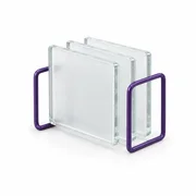 Glass record panels sit between open violet wire brackets.