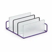 Frosted glass record panels stand inside a violet wire organiser.